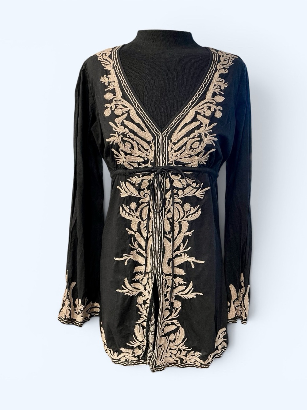 Black Embroidered V-Neck Open-front Tunic